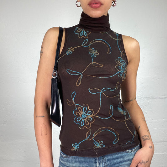 Vintage 2000's Boho Girl Brown Turtleneck Sleeveless Mesh Top with Blue and Beige Knitted Floral Embroidery (S)