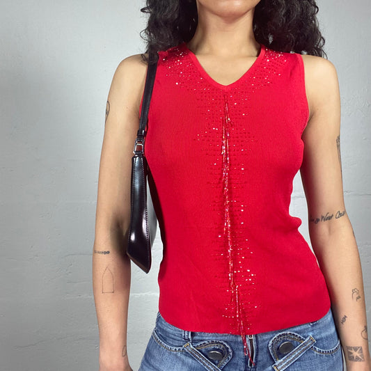 Vintage 2000's Clubwear Blood Red Jersey Tank Top with Sequins Embroidery (S)
