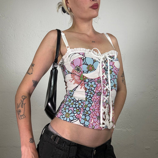 Vintage 2000's Funky White Blue and Pink Floral Corset Top with Front Lace Up Detail (M)