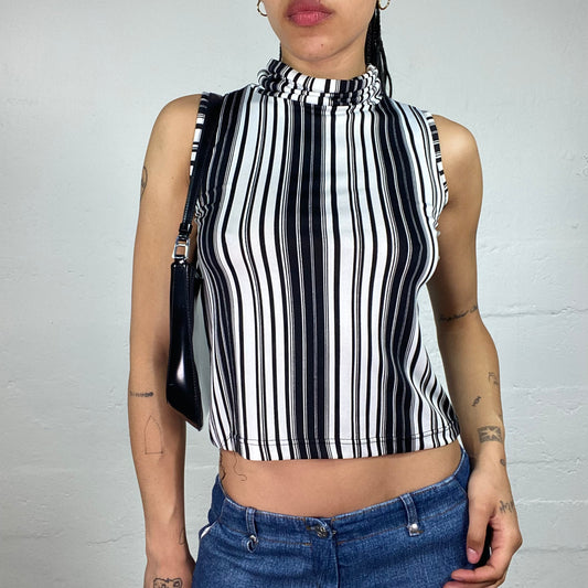 Vintage 2000's Funky Black and White Striped Turtleneck Tank Top (M)