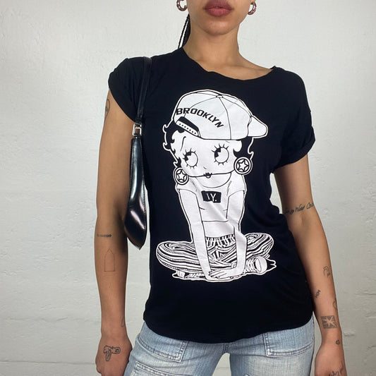 Vintage 2000’s Downtown Girl Hip Hop Black One Shoulder T-Shirt with Monotoned Betty Boop Print (S)