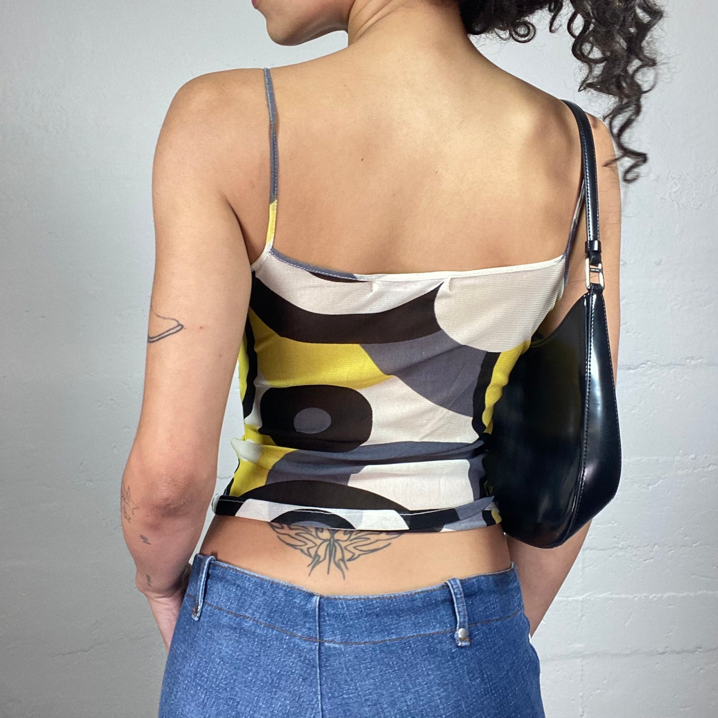 Vintage 2000's Summer Black White and Yellow Geometric Print Cami Top (S/M)