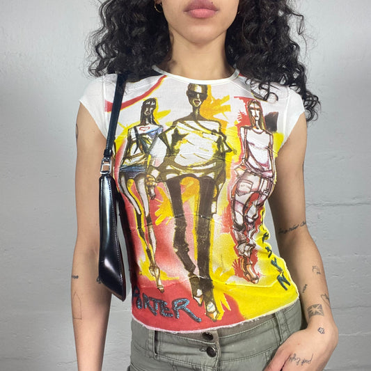 Vintage 2000's Summer Disco Multicoloured Print Tee with Micro Sleeves (S)