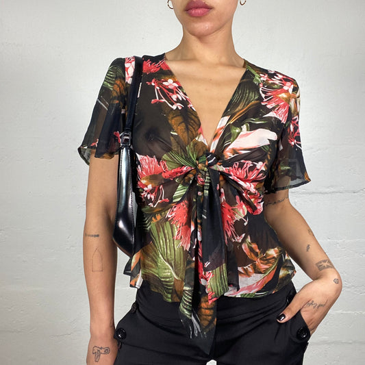 Vintage 2000's Guess Romantic Summer Multicoloured Coral Floral Print Chiffon Top (S)