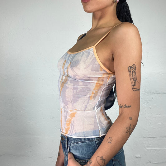 Vintage 2000's Soft Girl White Mesh See Through Cami Top with Peachy Print (M)