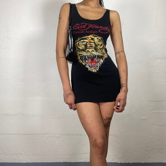 Vintage 2000’s Ed Hardy Biker Girl Black Mini Tank Dress with Shiny Tiger Print and Logo (S)