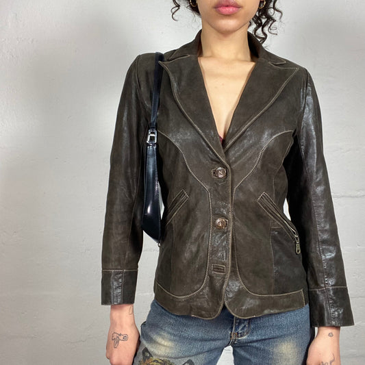Vintage 2000's Cowgirl Brown Glossy Leather Button Up Blazer (S)