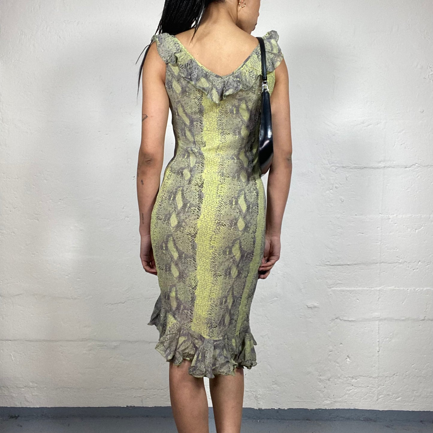 Vintage 2000's Summer Lime Green and Grey Snake Skin Asymmetric Trim Ruffled Chiffon Dress (S)