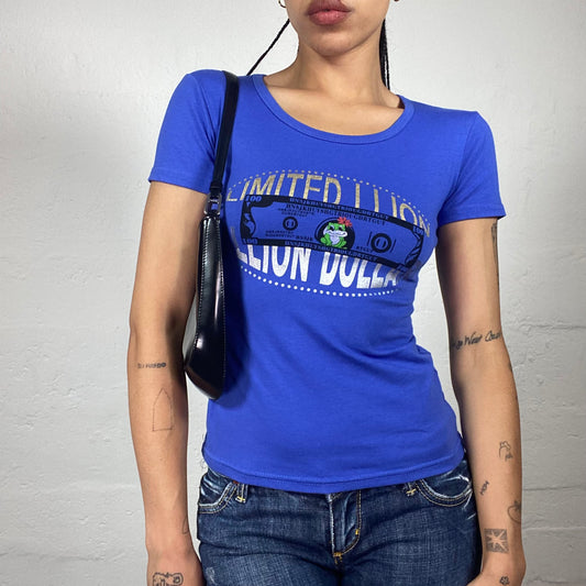 Vintage 2000's Skater Girl Metalic Blue Baby Tee with Futuristic Print (S)
