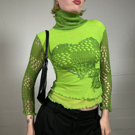 Vintage 2000's Downtown Girl Lime Green High Neck Longsleeve Top with Crochet Details