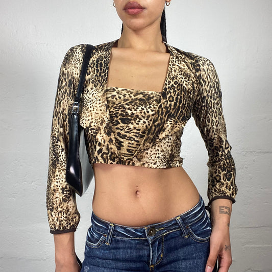 Vintage 2000's Downtown Glam Sand and Brown Toned Leo Printed Longsleeve Cropped Top with Open Back (S)
