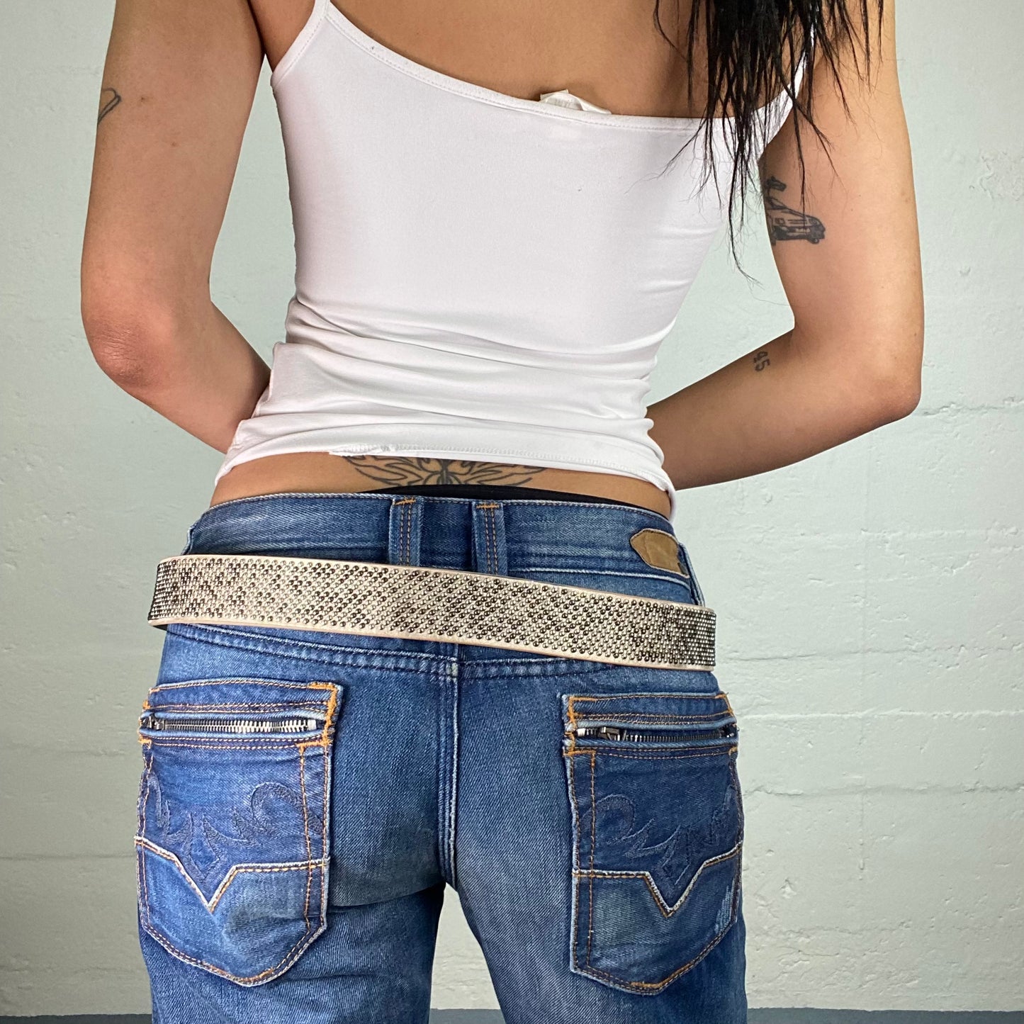 Vintage 2000's Downtown Girl Glam Beige Belt with Metal Mosaic Style Pieces Decoration