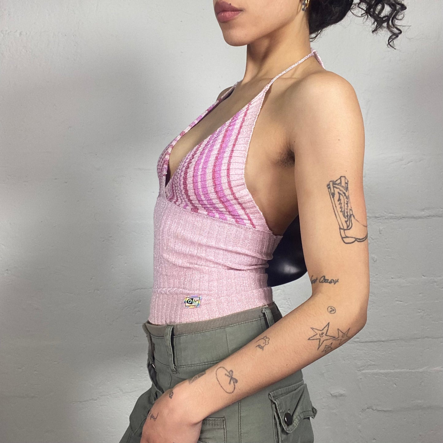 Vintage 2000's Soft Girl Pink Jersey Striped Bea Neckholder Top (S)