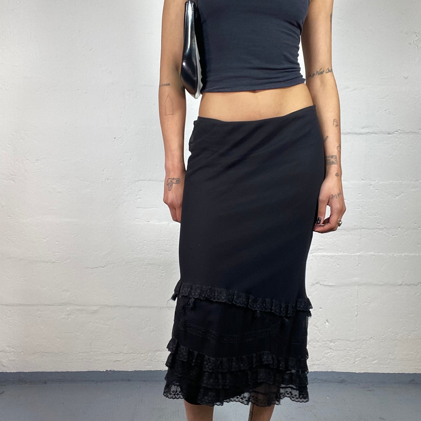 Vintage 2000's Betsey Johnson Romantic Black Long Midi Skirt with Layered Lace Bottom Details (M)