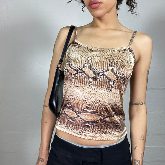 Vintage 2000's Casual Glam Snake Skin Print Beige and Brown Cami Top (S)