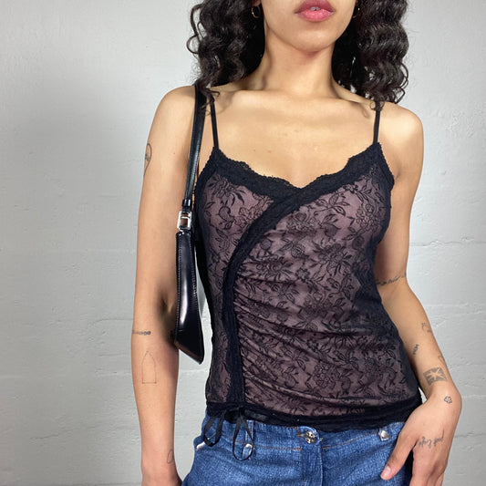 Vintage 2000's Baroque Dark Purple Feminine Cami Top with Black Lace Decoration (M)