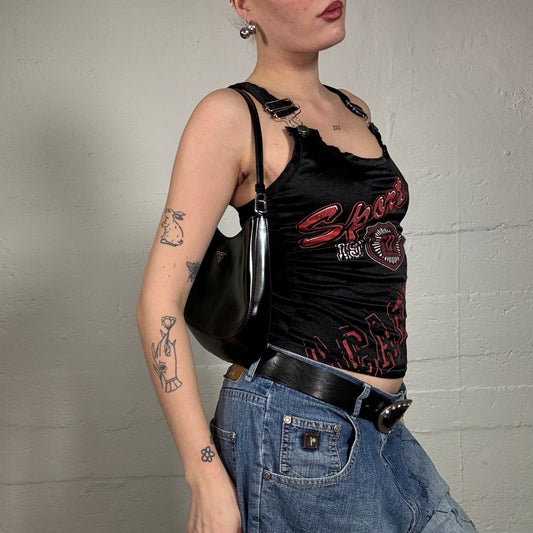Vintage 2000's Sporty Black Top with Red „Sport Academy“ Print and Buckle Detail (S/M)