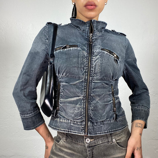 Vintage 2000's Downtown Girl Grey Blue Zip Up Wash Out Effect Denim Jacket (S/M)