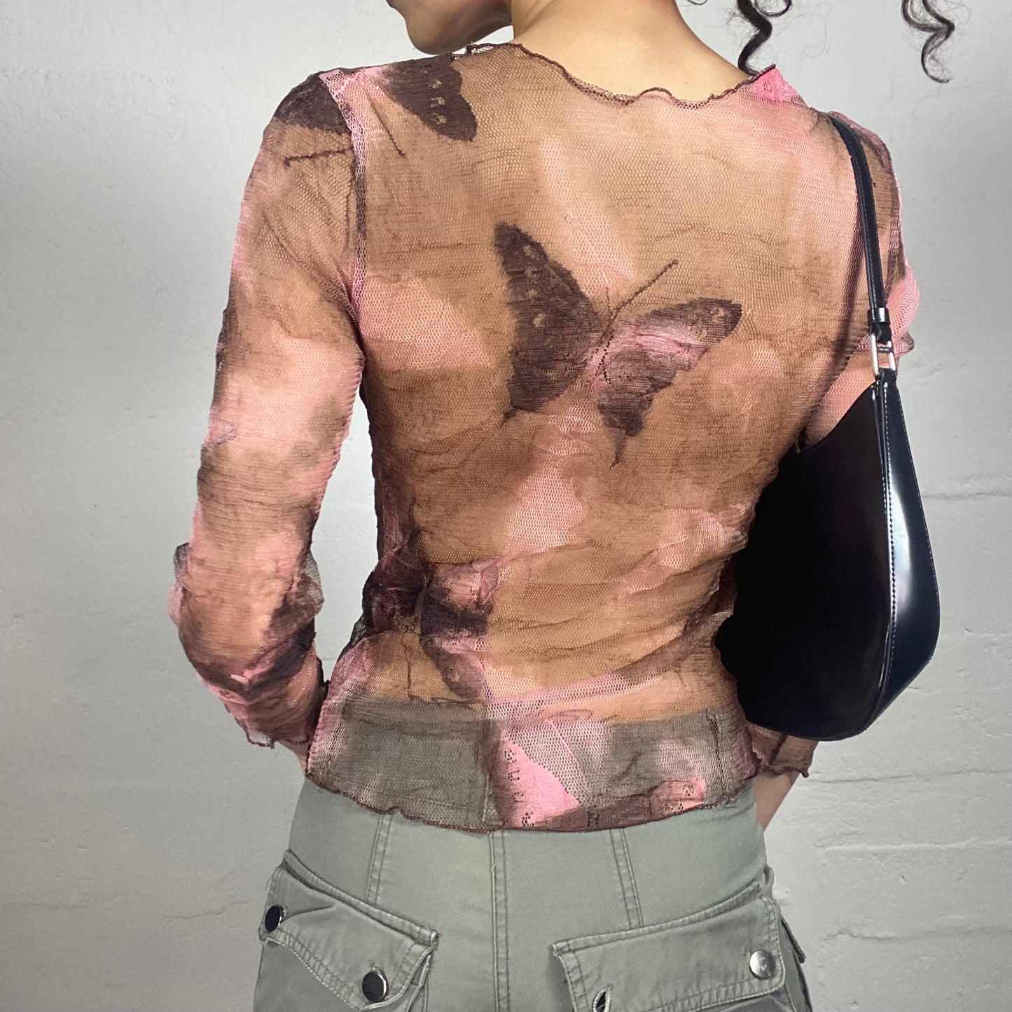 Vintage 2000's Romantic See-Through Brown Mesh Longsleeve Top with Butterfly Print and Pink Accents (S)