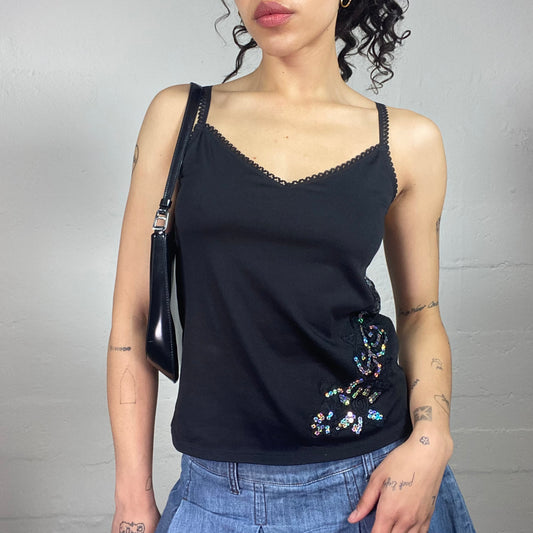 Vintage 2000's Downtown Girl Black Cami Top with Sequins Floral Deco and Crossing Stripes Back (L)