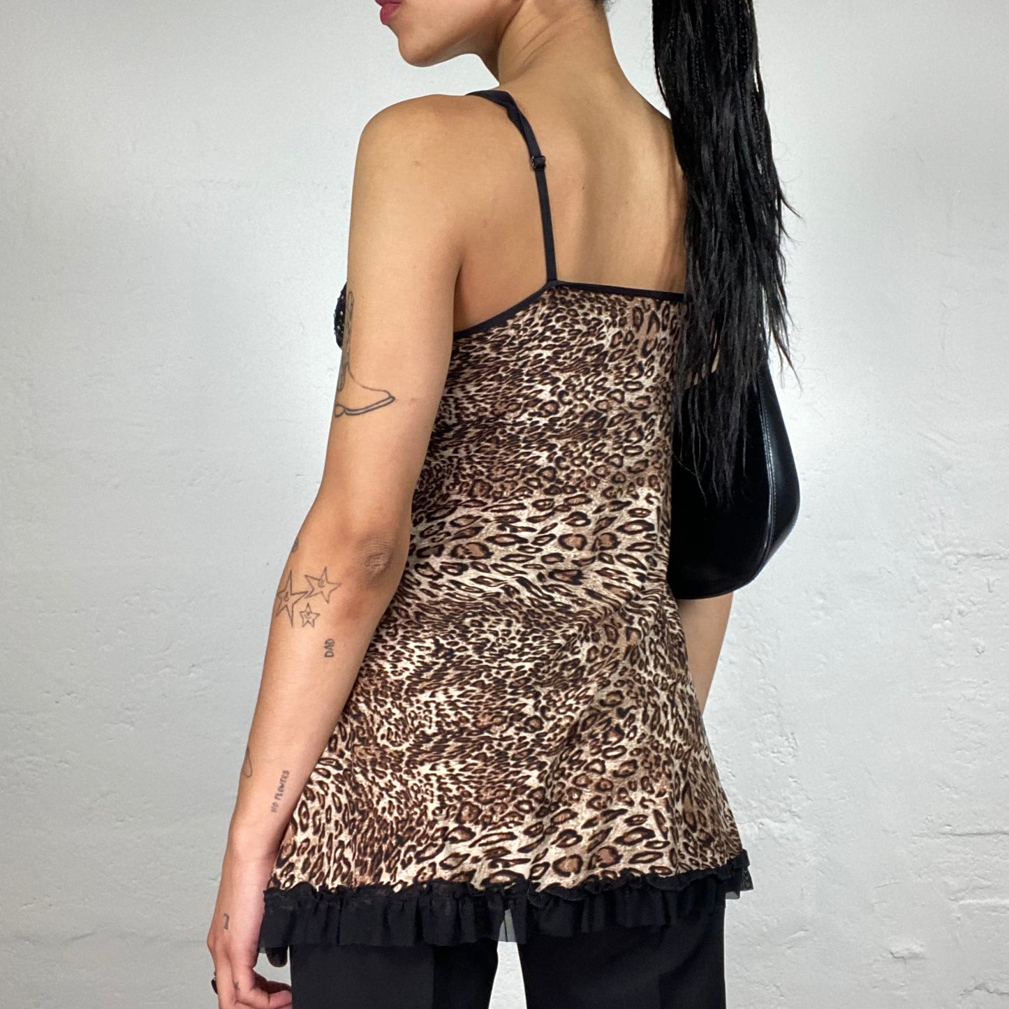 Vintage 2000's Glamorous Brown and Black Leo Printed Camisole with Lace Details and Ruffled Trim (S)