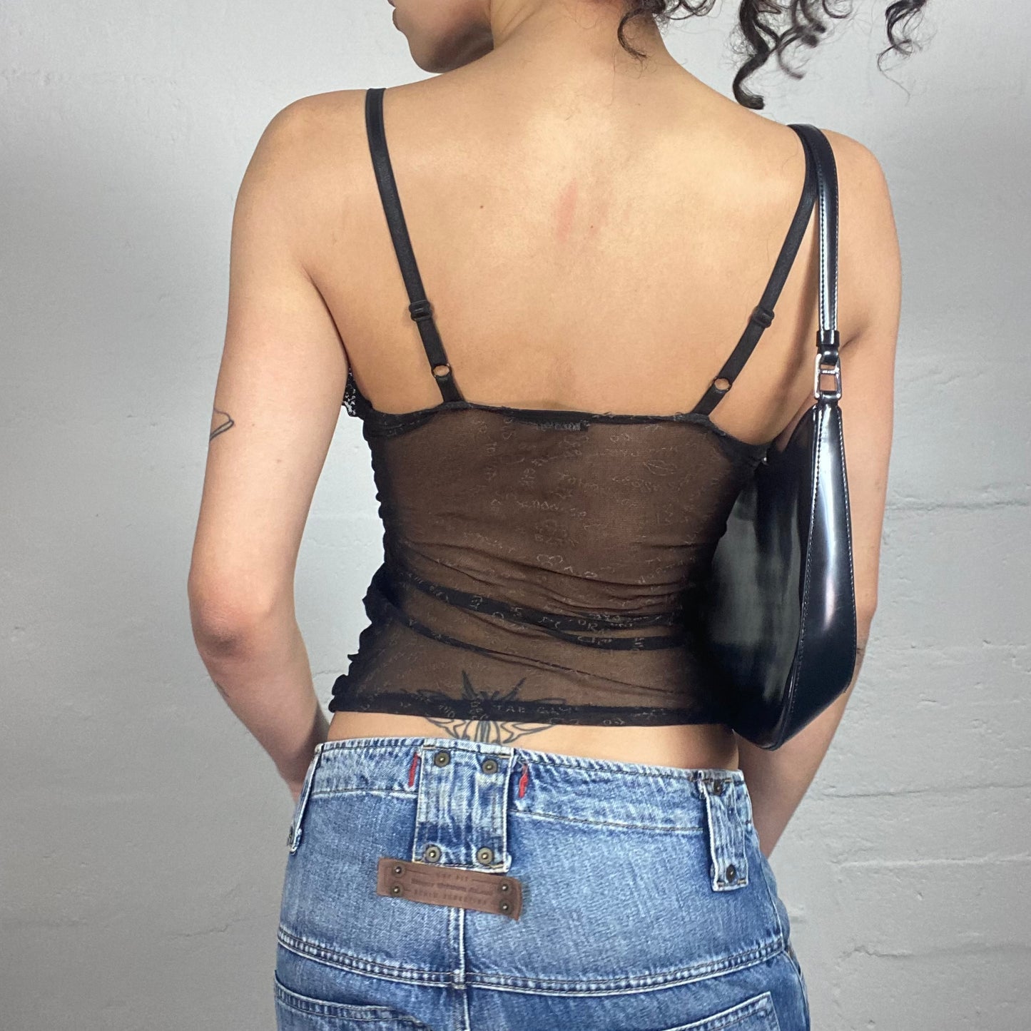 Vintage 2000's Dark Coquette Black Chiffon Typography Printed Cami Top with Ruffled Trim and Mesh Back (S)