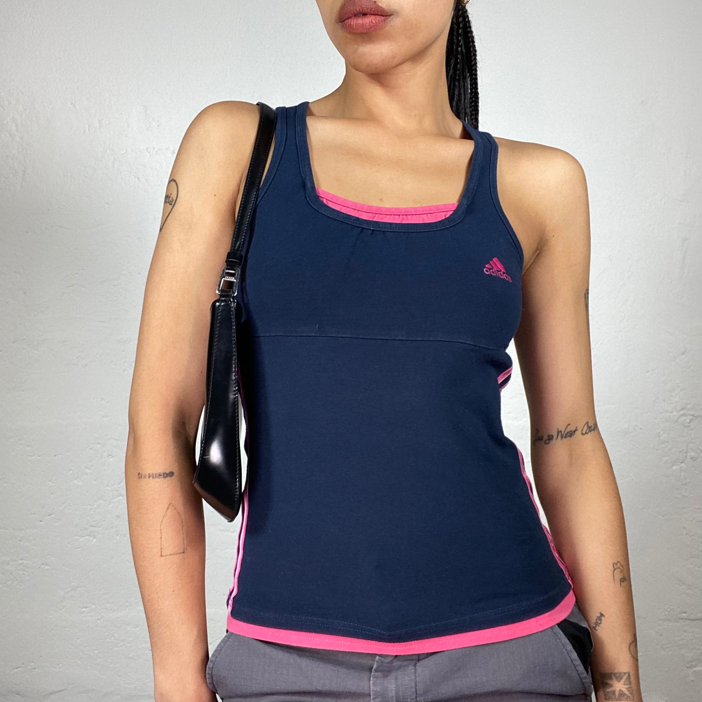 Vintage 2000's Sporty Adidas Navy Blue Tank Top with Neon Pink Accents and aside Stripes (S)