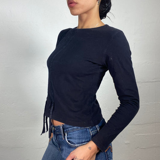 Vintage 2000's Downtown Girl Midnight Black Longsleeve Top with Asymmetric Silky Stripes Embroidery (L)