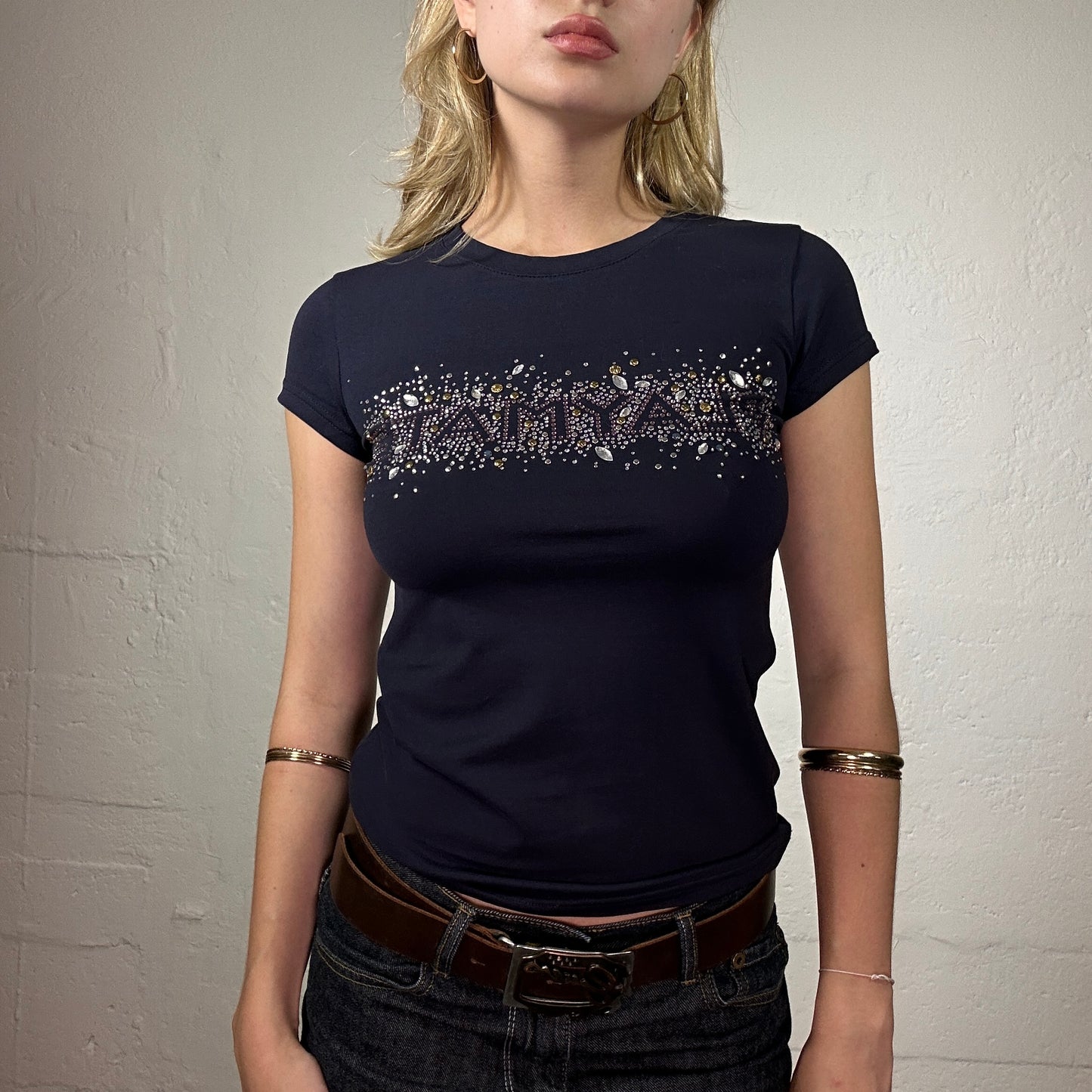 Vintage 2000's Playmate Clubwear Glam Midnight Blue T-Shirt with Rhinestone Embroidered Logo Print (M)