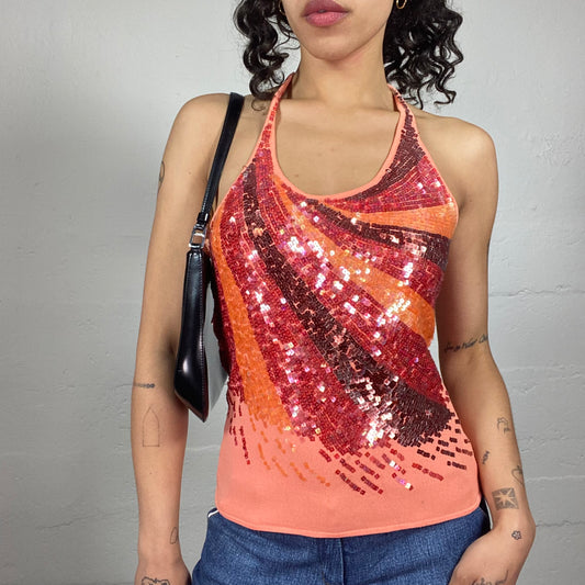 Vintage 2000's Clubwear Coral Neckholder Top with Sequins Multicoloured Embroidery (M)