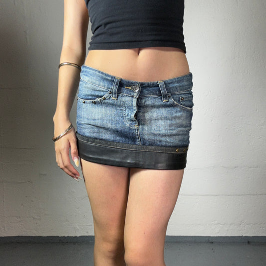 Vintage 2000's Cowgirl Blue Denim Micro Skirt with Leather Bottom (M)