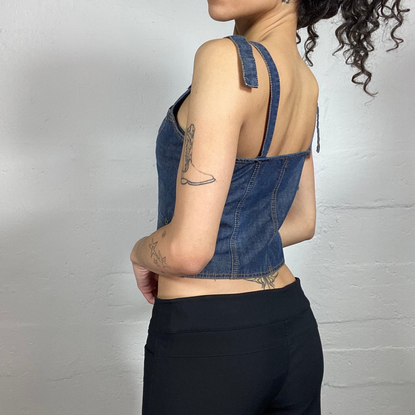 Vintage 2000's Coquette Blue Denim Vest Style Top with Pockets (S)