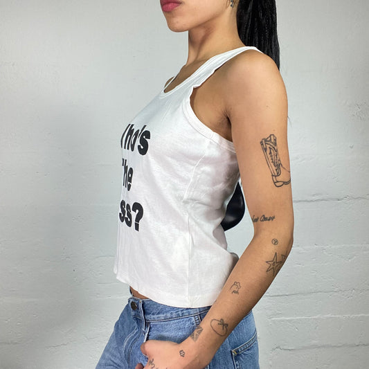 Vintage 2000's Downtown Girl White Tank Top with Black Who’s The Boss? Print (L)