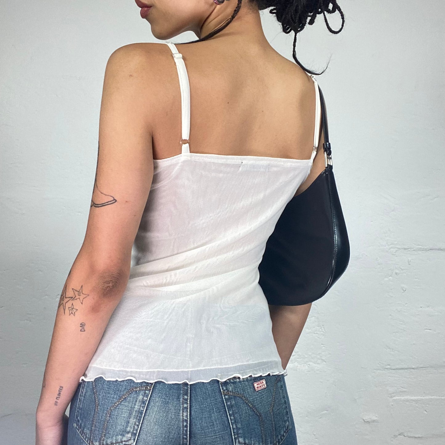 Vintage 2000's Soft Girl White Mesh Layered Cami Top with Peachy Sequin Embroidery (S)