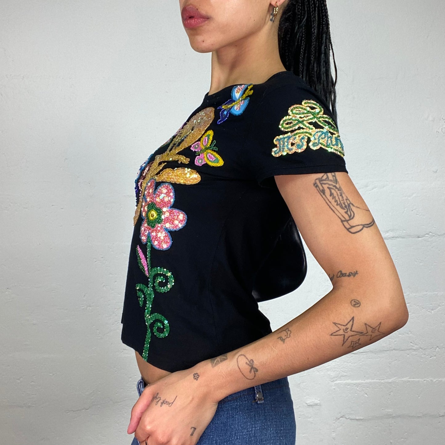 Vintage 2000's Tweety Funky Black Baby Tee with Fun Cartoon Sequin Embroidery (M)