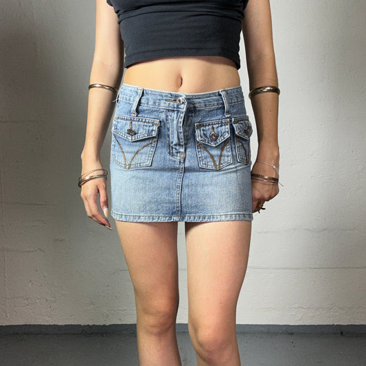 Vintage 2000's Downtown Girl Classic Blue Mini Skirt with Multiple Pockets and Brown Stitching (XS)