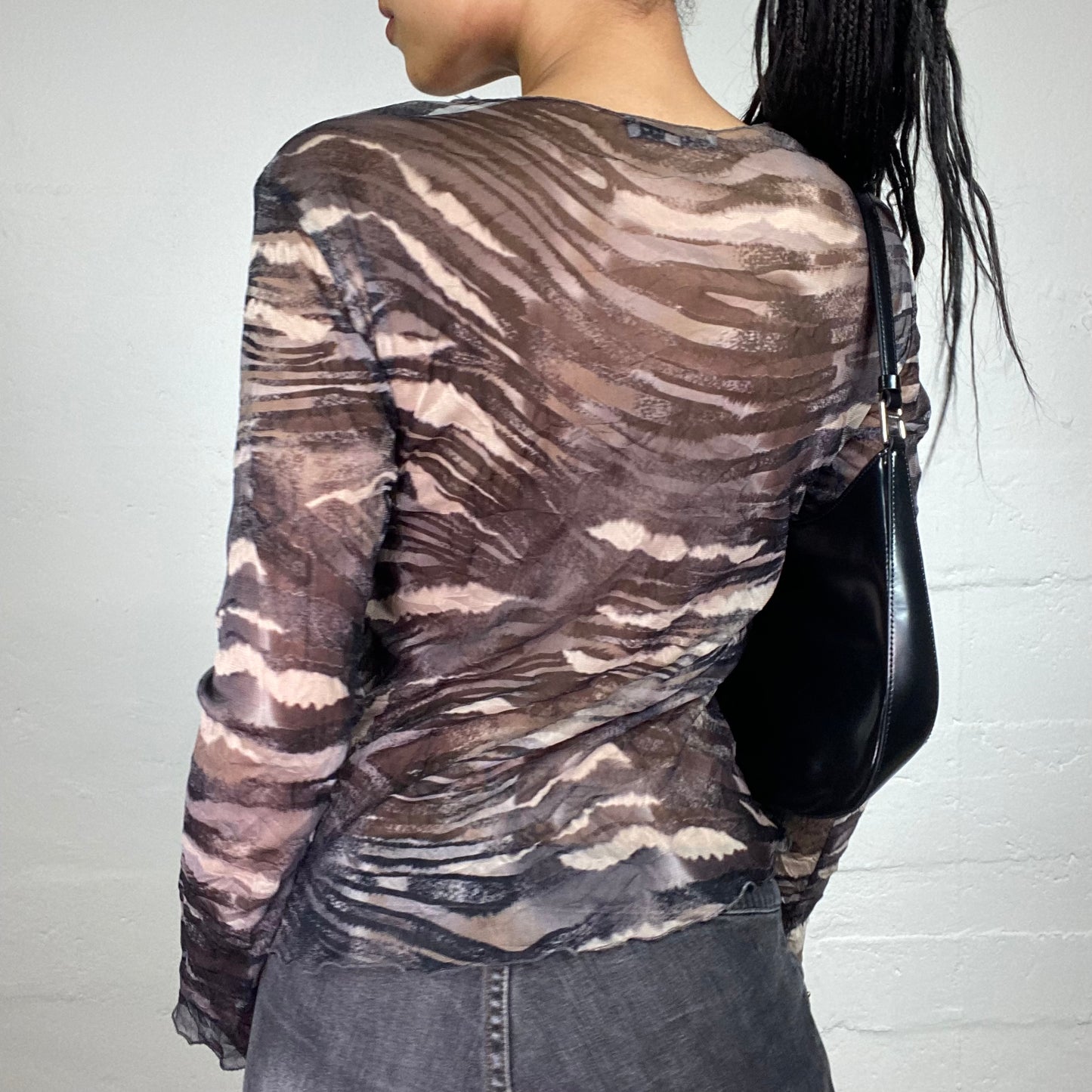 Vintage 2000's Downtown Girl Cold Brown and Beige Abstract Printed Longsleeve Mesh Top (L)