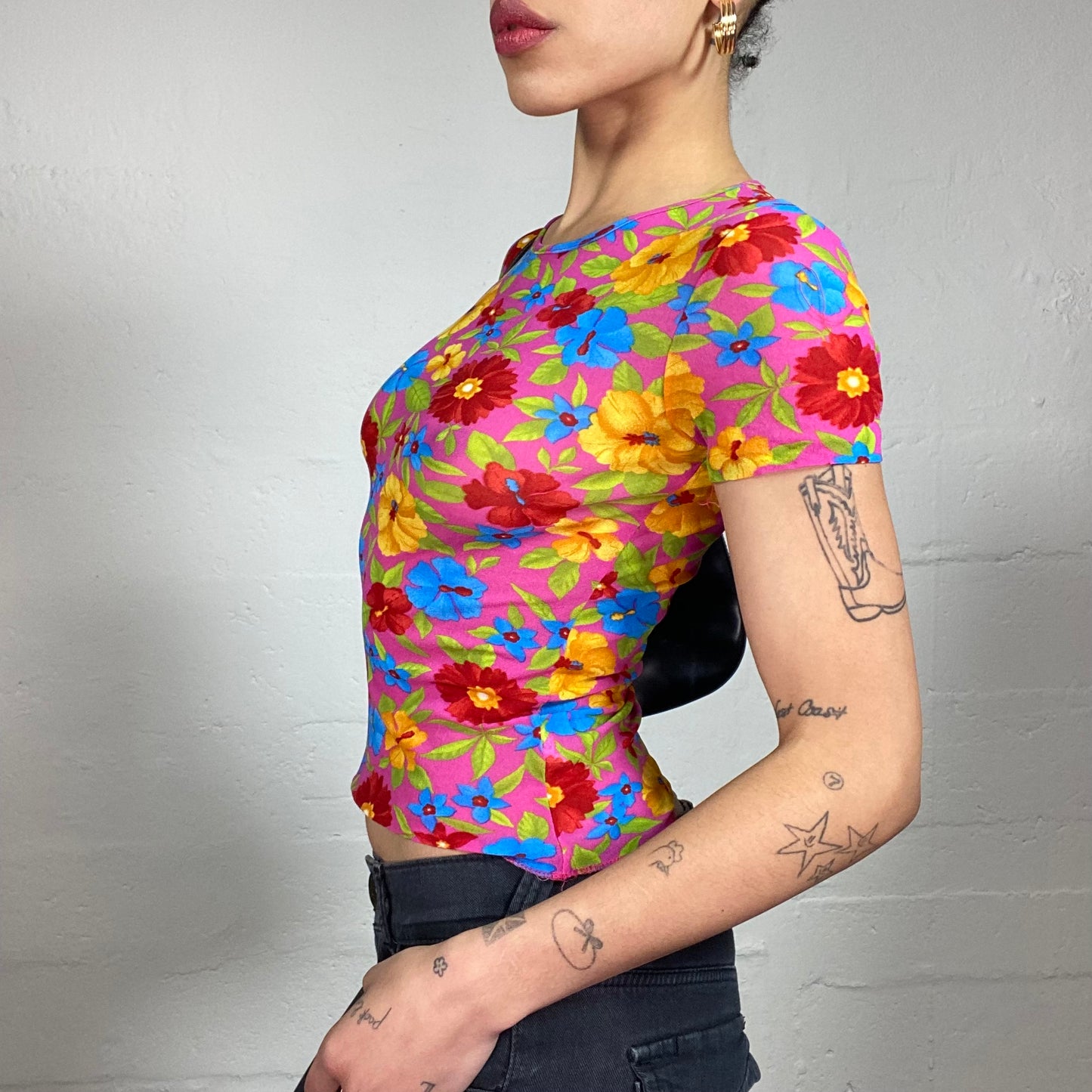 Vintage 2000's Fun Summer Multicoloured Flowers Printed Baby Tee (S)