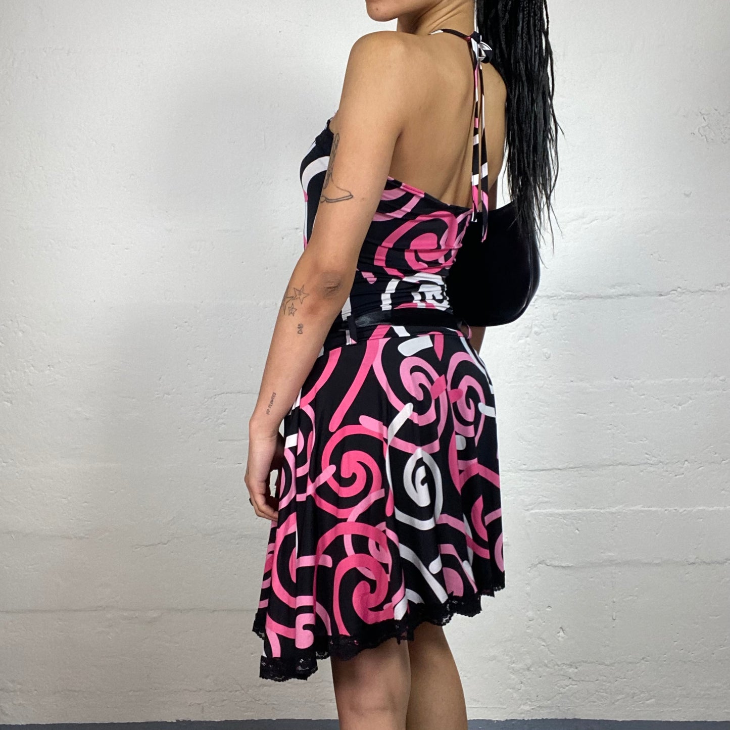 Vintage 2000's Summer Downtown Girl Black White and Pink Spirals Printed Neckholder Dress with Satin Ribbon Detail (S)