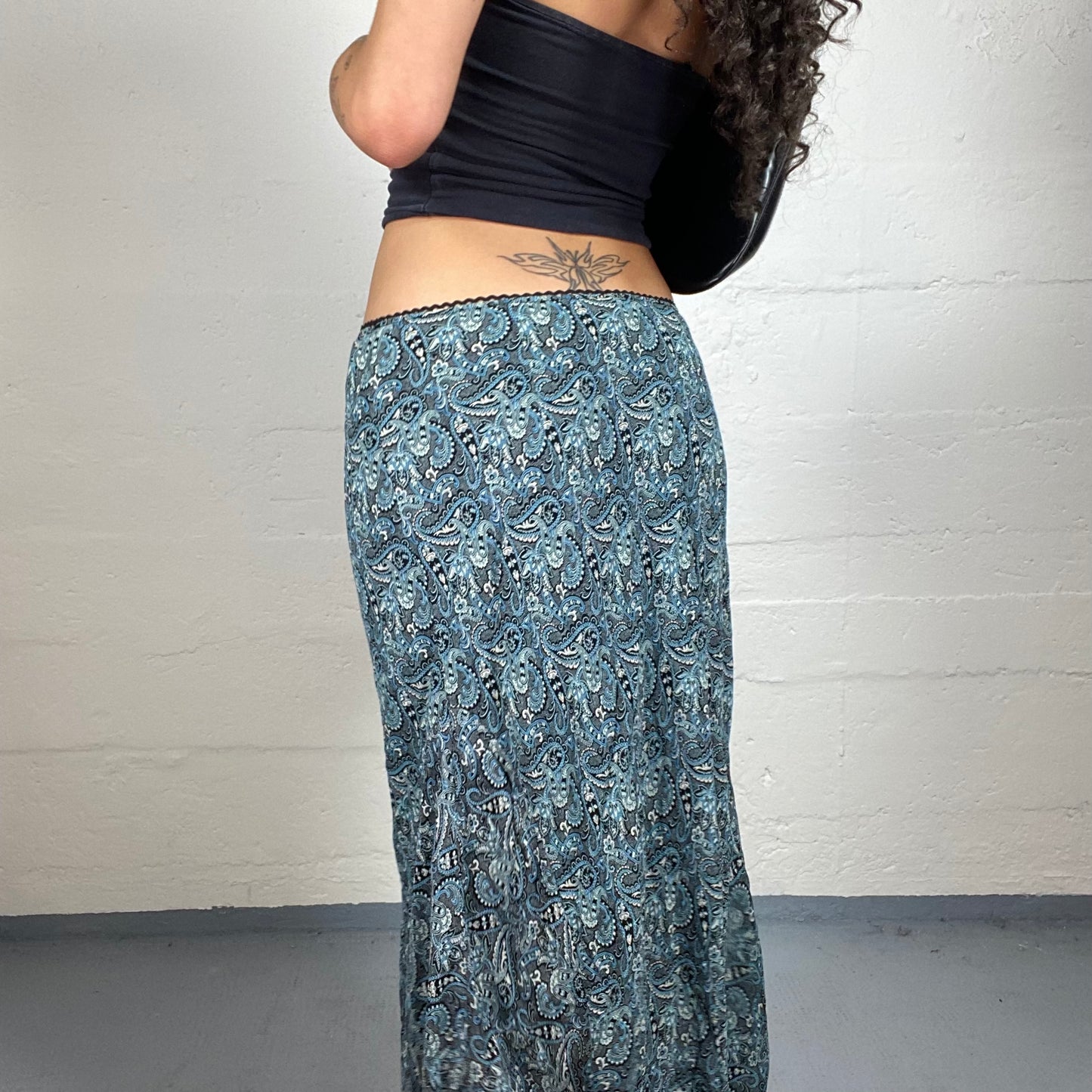 Vintage 2000's Romantic Blue Boho Style Printed Chiffon Midi Skirt (S)