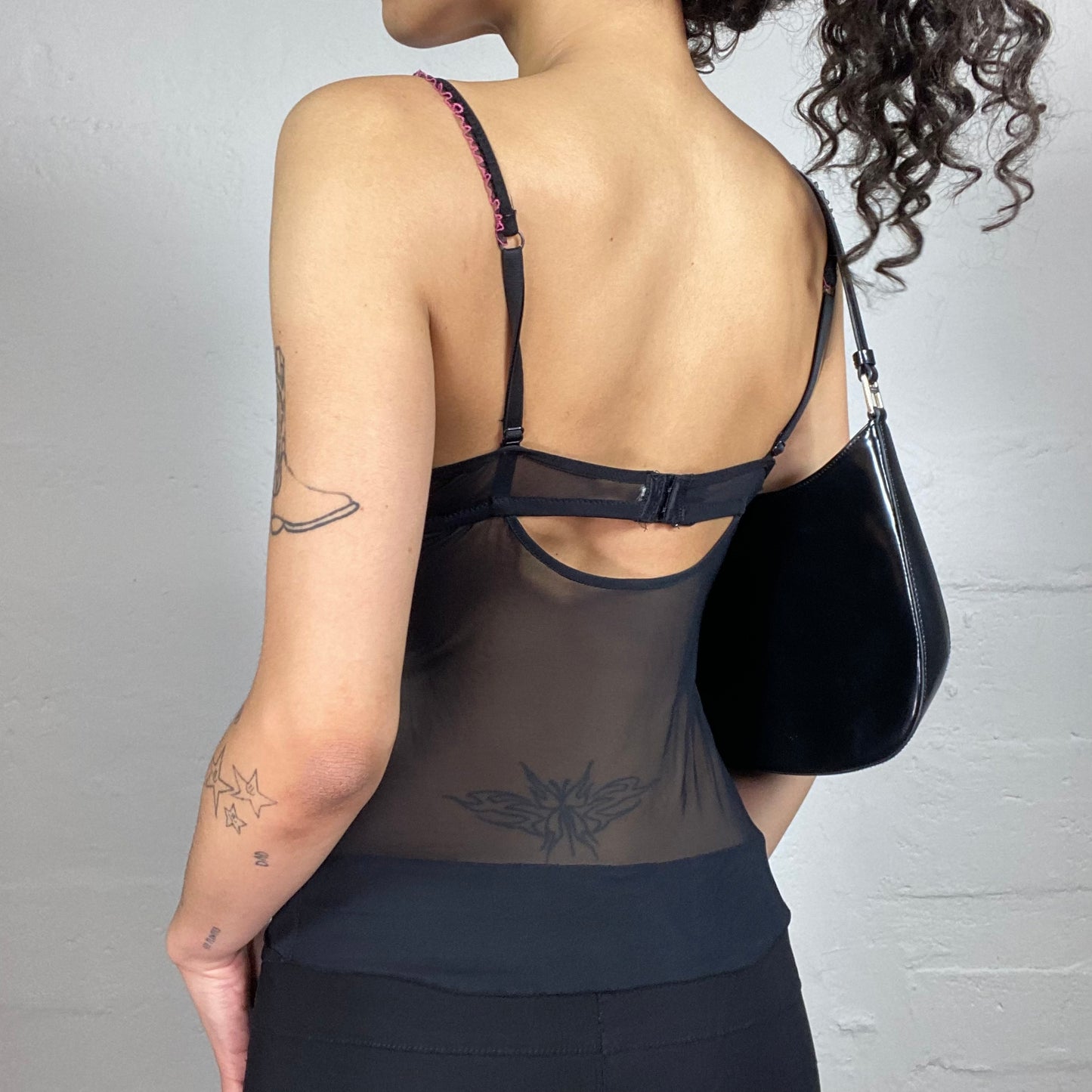 Vintage 2000's Pink and Black Lingerie Style Top with Logo Print and Mesh Details (S)