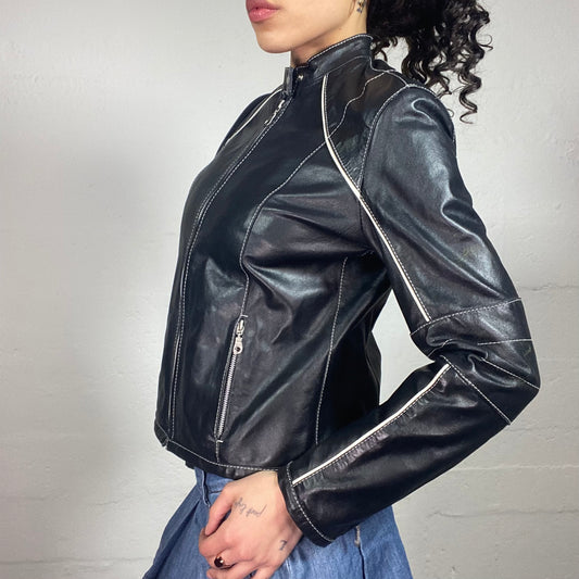 Vintage 2000's Biker Glossy Black Leather Jacket with Contrast White Stripes (M)