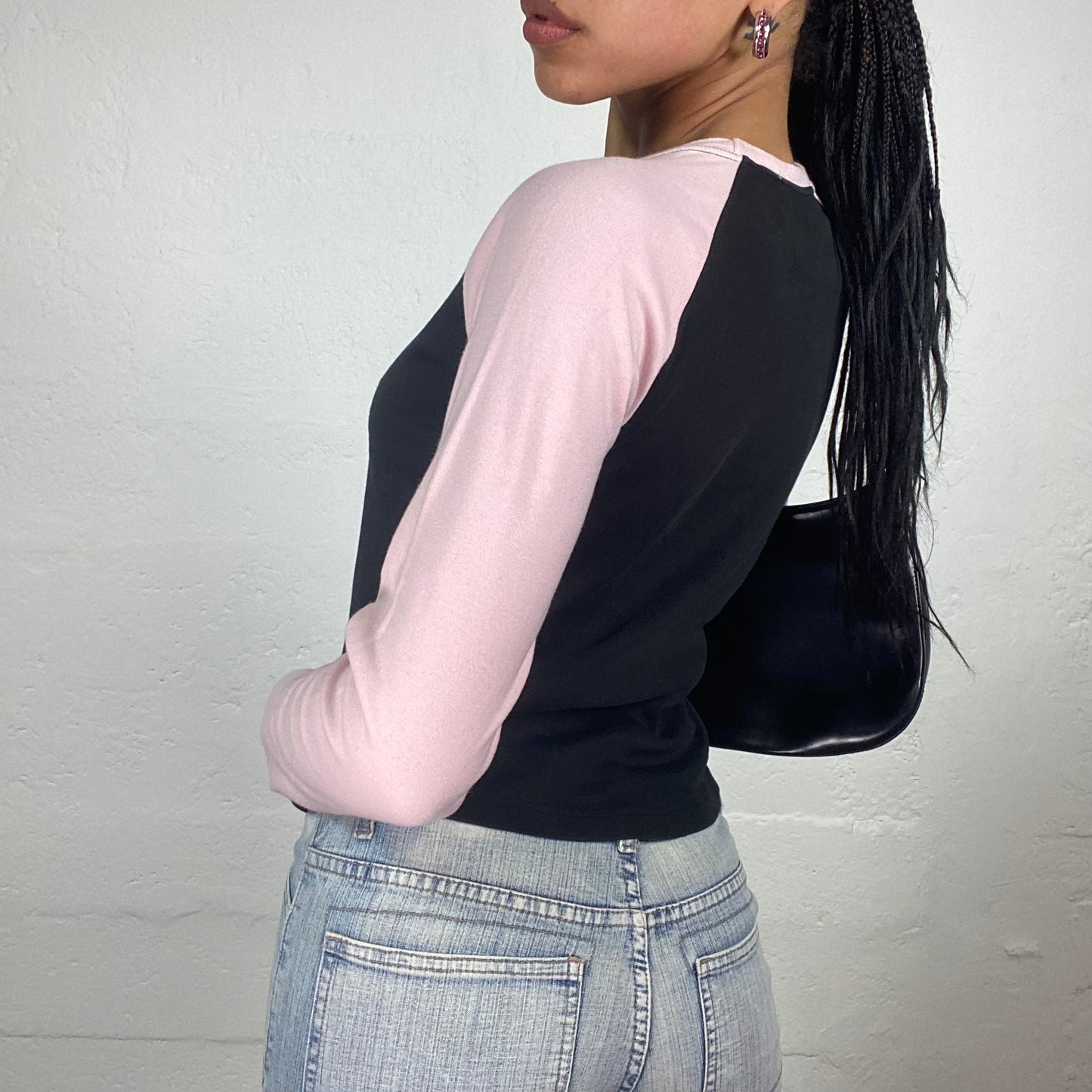 Vintage 2000’s Downtown Girl Baby Pink and Black Longsleeve Top with Pink Typography Print (M)