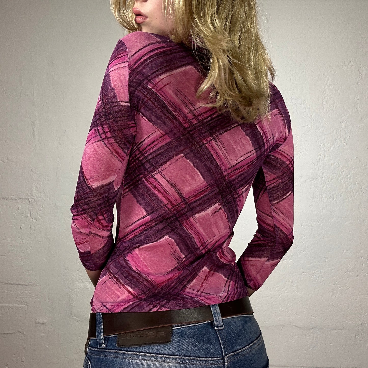 Vintage 2000's Downtown Girl Pink  Checkered 3/4 Sleeve Top (M)