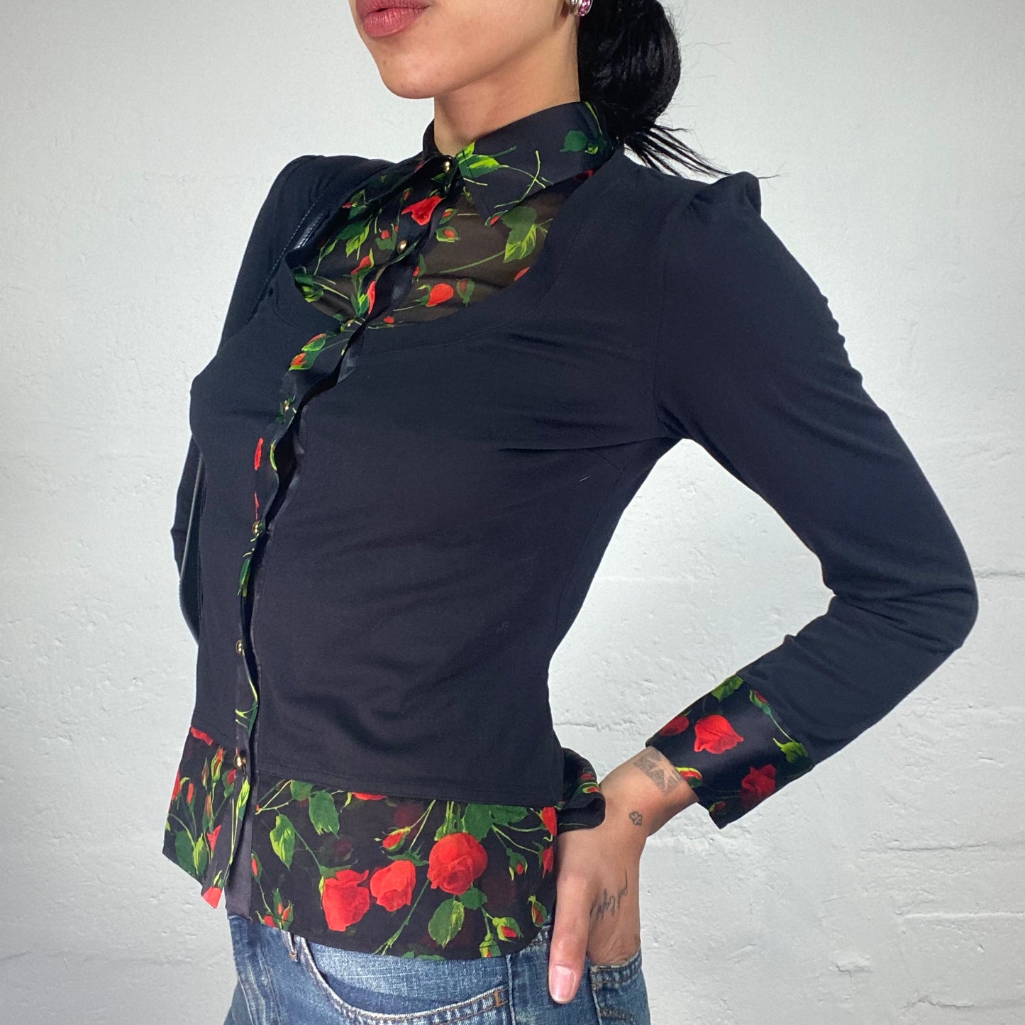 Vintage 2000's D&G Office Girl Romantic Two-Layers Longsleeve Button Up Top with Roses Print (M)