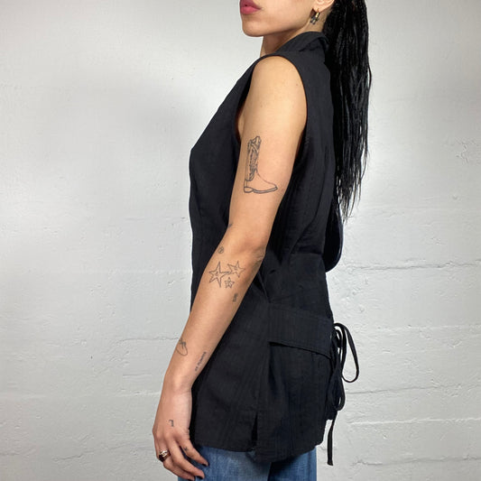 Vintage 2000's Summer Black Linen Button Up Sleeveless Shirt with Back Belt (M)