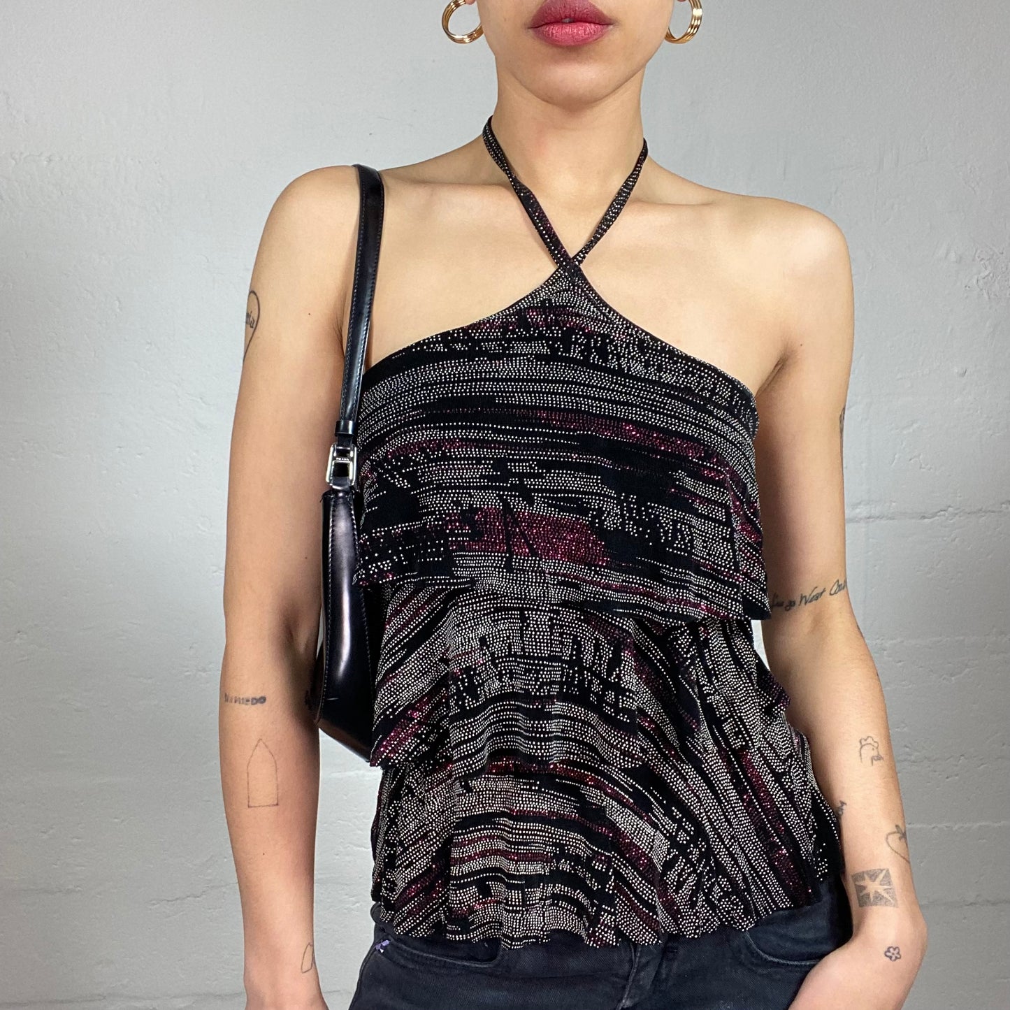Vintage 2000's Clubwear Black Layered Neckholder Top Covered in Rhinestones (S)