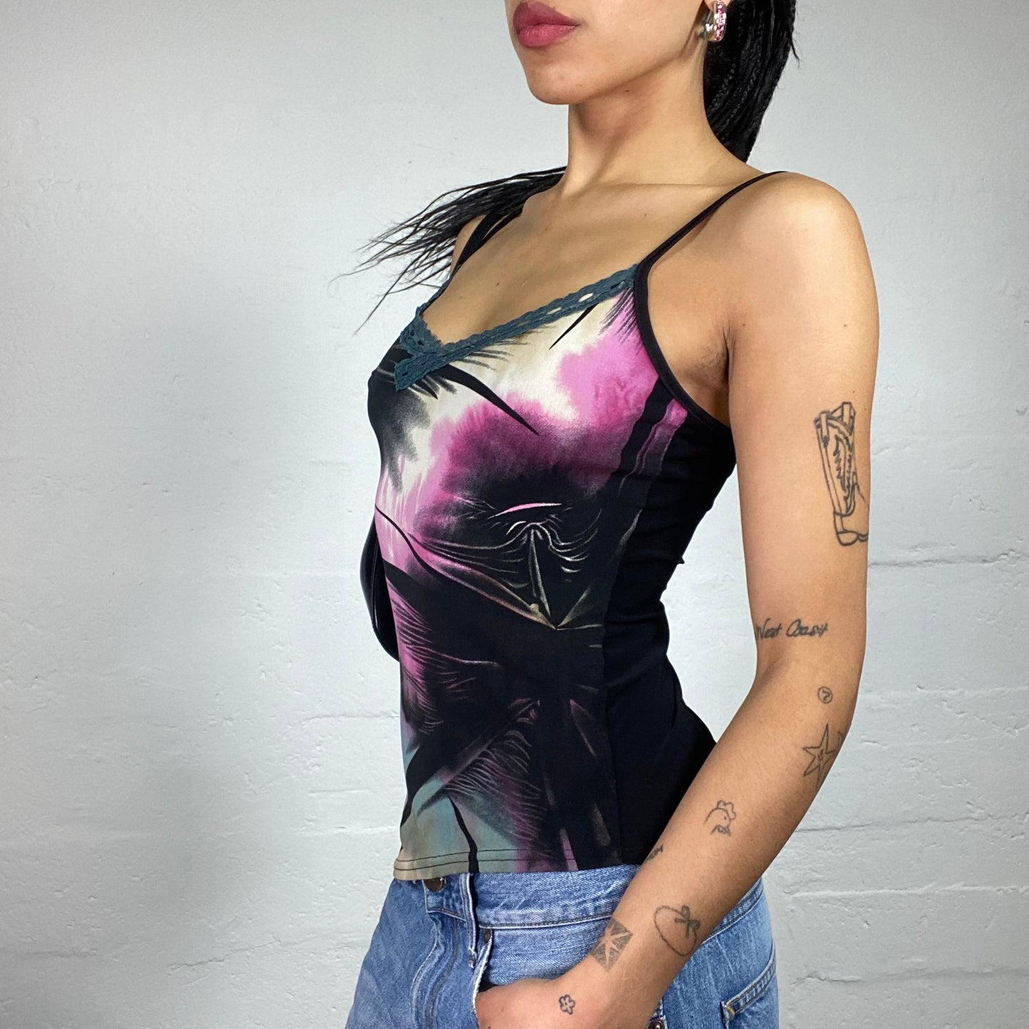 Vintage 2000's Downtown Girl Green Black and Pink Abstract Print Cami Too with Lace Trim (S)