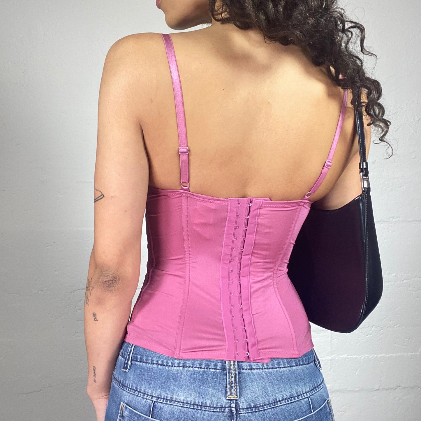 Vintage 2000's Romantic Silky Pink Corset Top with Black Lace Embroidery and Contrast Bra (S)