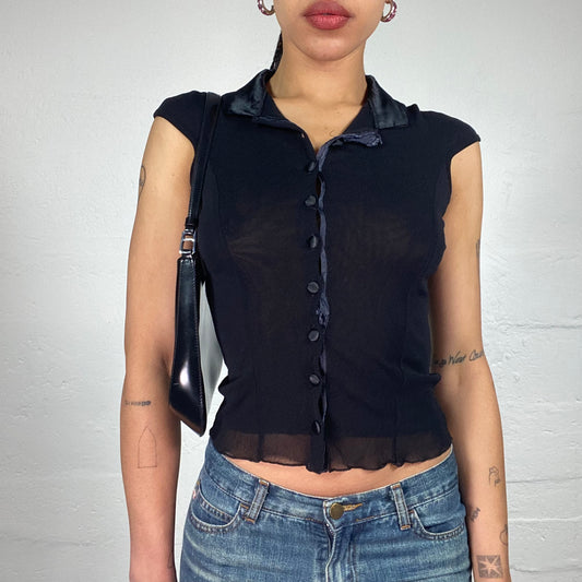 Vintage 2000's Coquette Black Micro Sleeves Silky Button Up Collared Top (L)